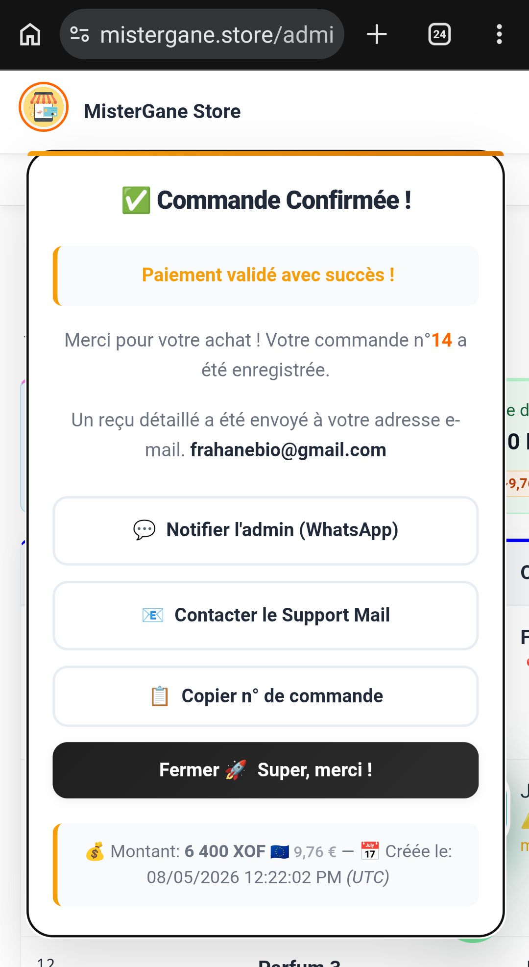 Interface de confirmation paiements